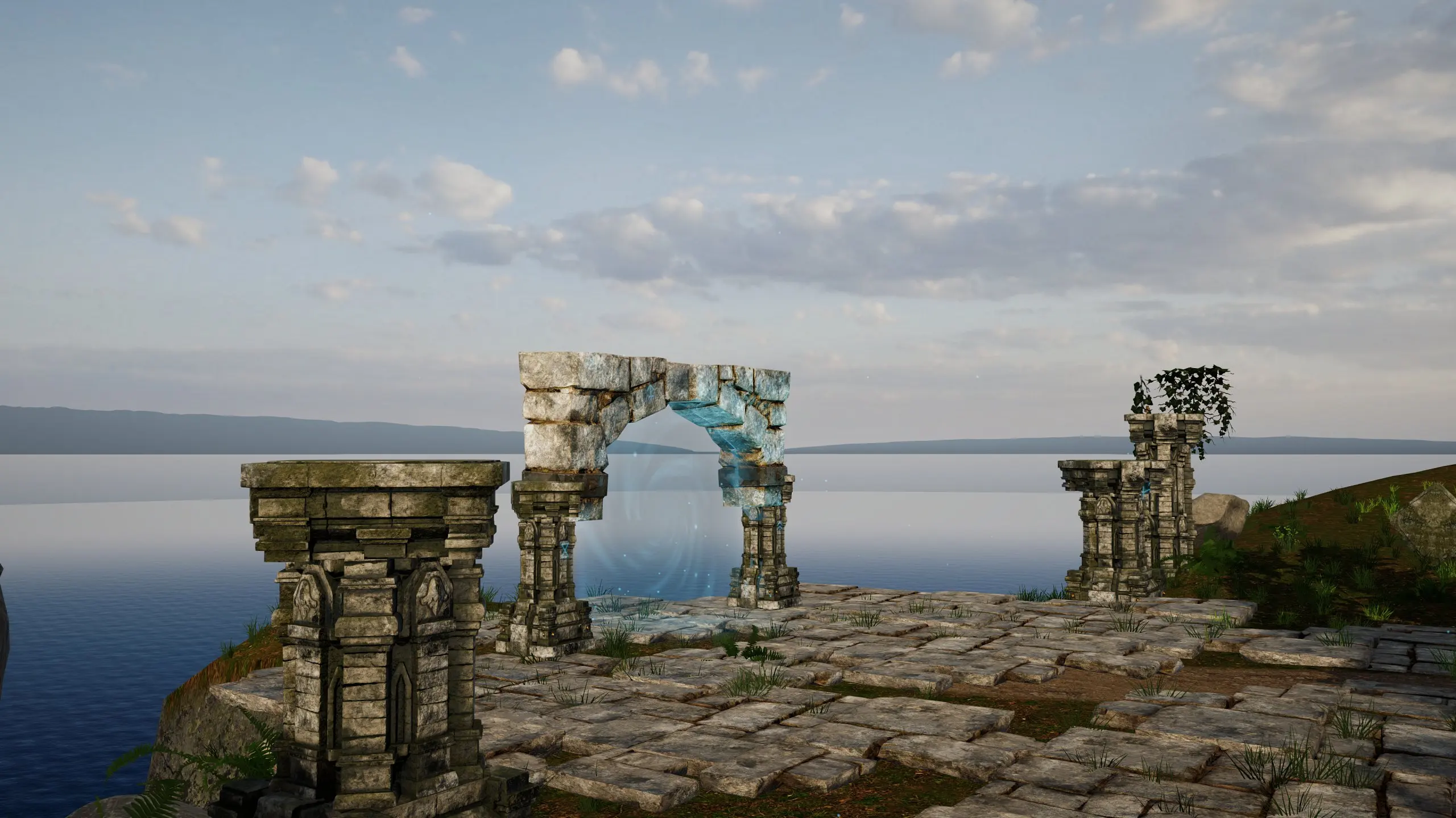 The Gate seen across the ruined clifftop plaza, broken pillars framing the runed arch and the sea beyond.