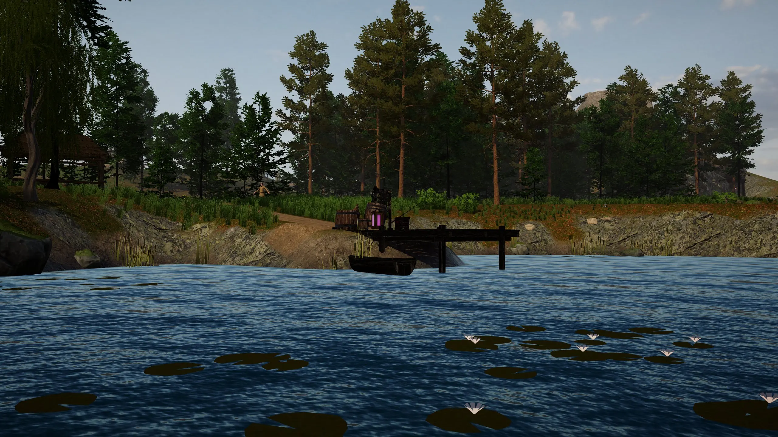 The fishing lake at water level: lily pads in front, the wooden pier and a tall pine forest on the far shore.