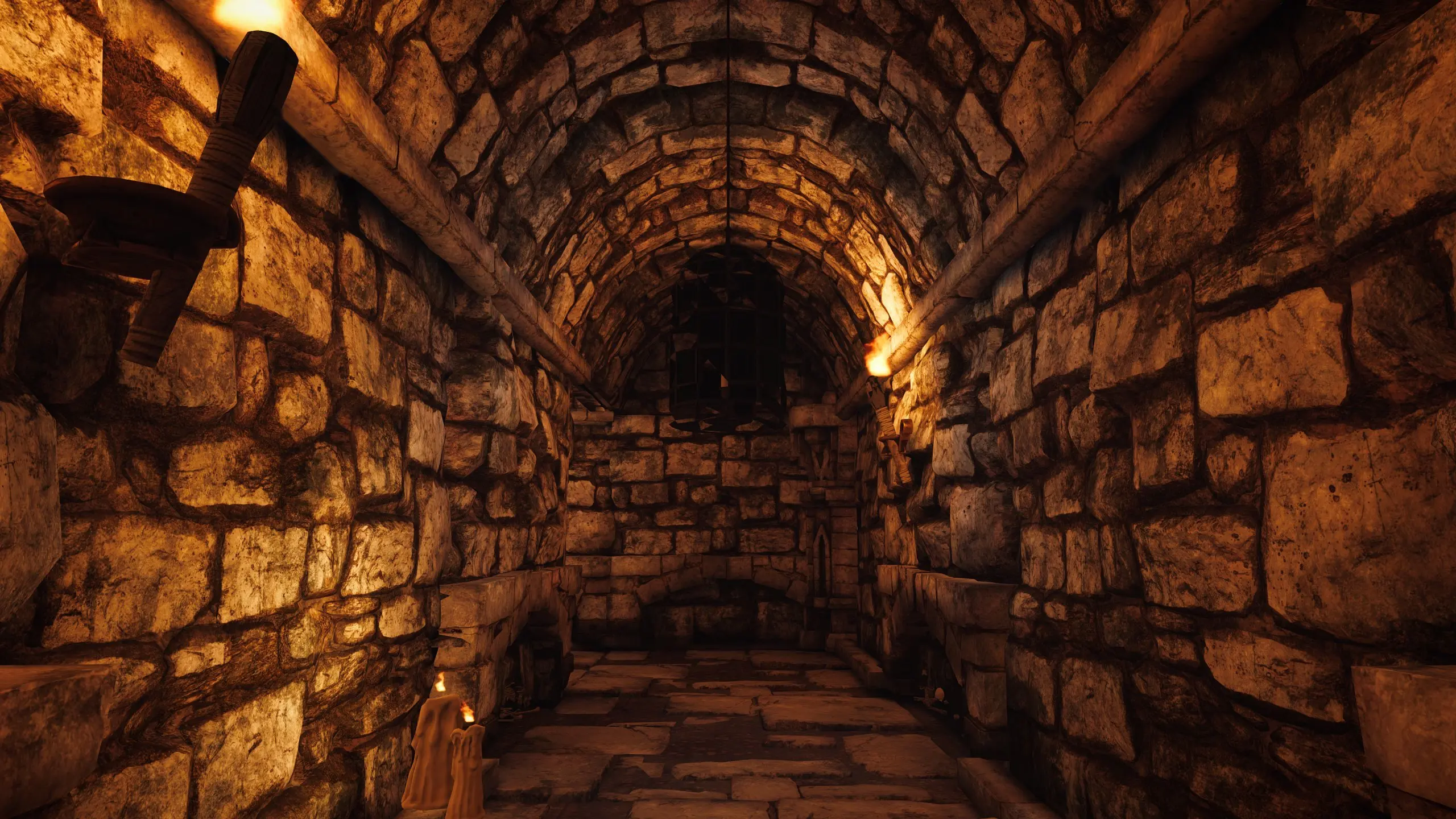 A vaulted brick corridor of the Skeleton Tomb, lit by wall torches.