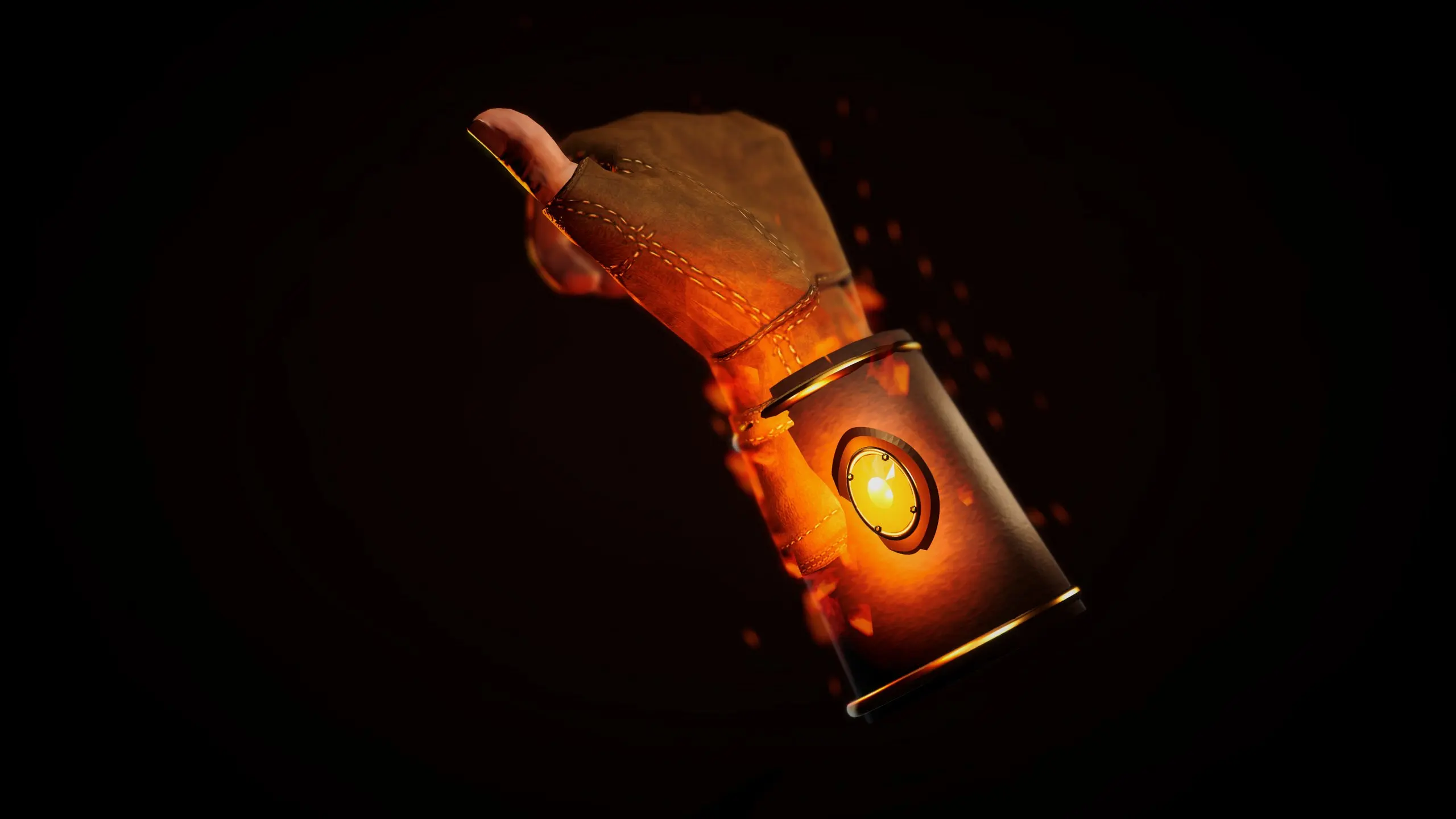 Concept render: A raised fist in a fingerless leather glove from the AZRAQ avatar, its leather bracer fitted with bronze bands and a stone set in a bronze mount; the stone burns orange and small flames and embers rise from the bracer.