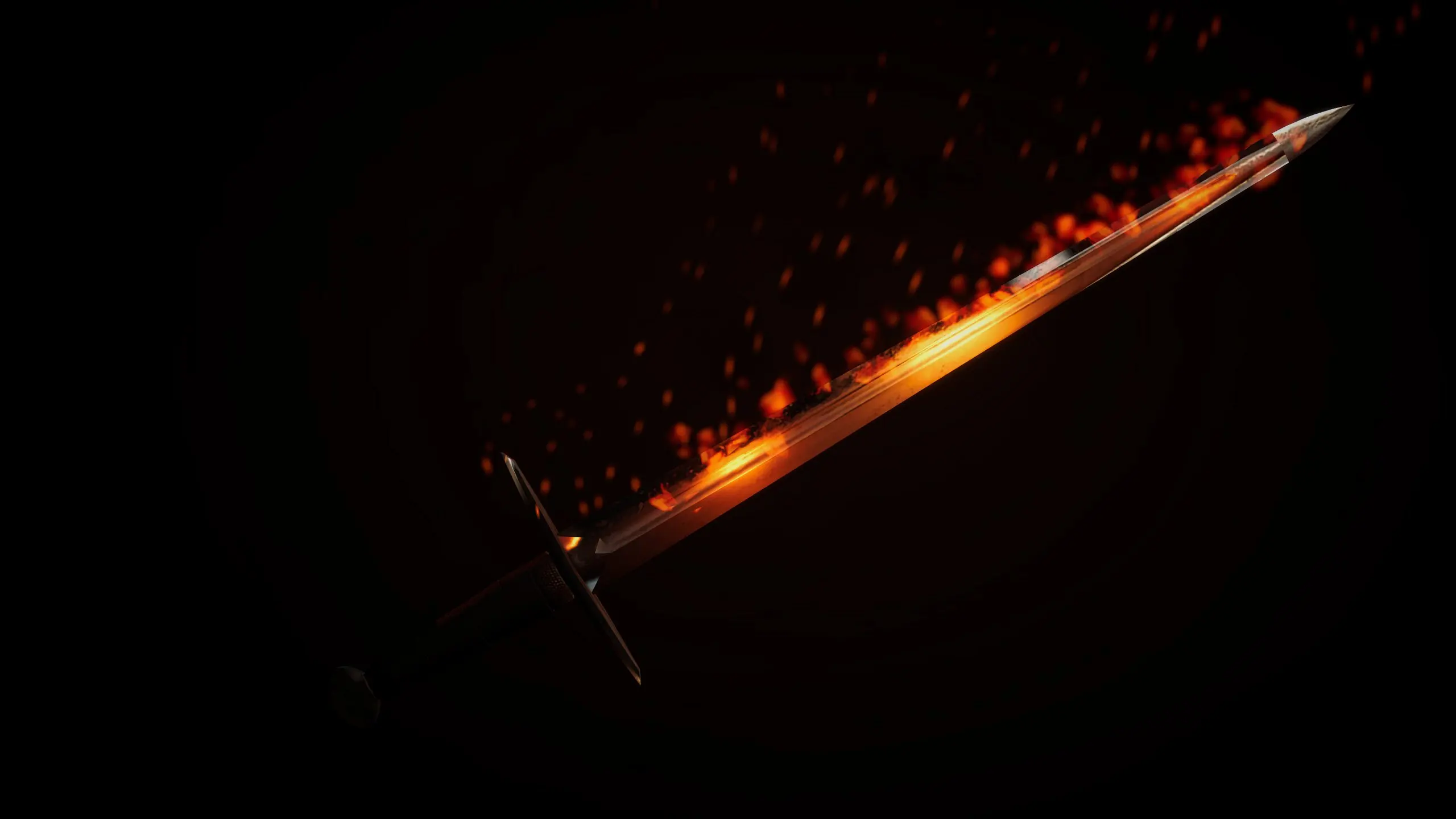 Concept render: The AZRAQ longsword on a dark studio background, its blade wreathed in flame with embers streaming upward.