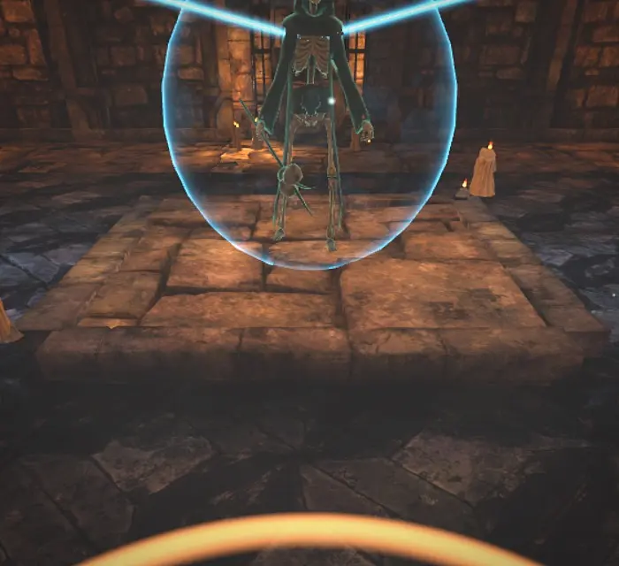 A Skeleton Mage shielded inside a translucent ward, summoning a burst.