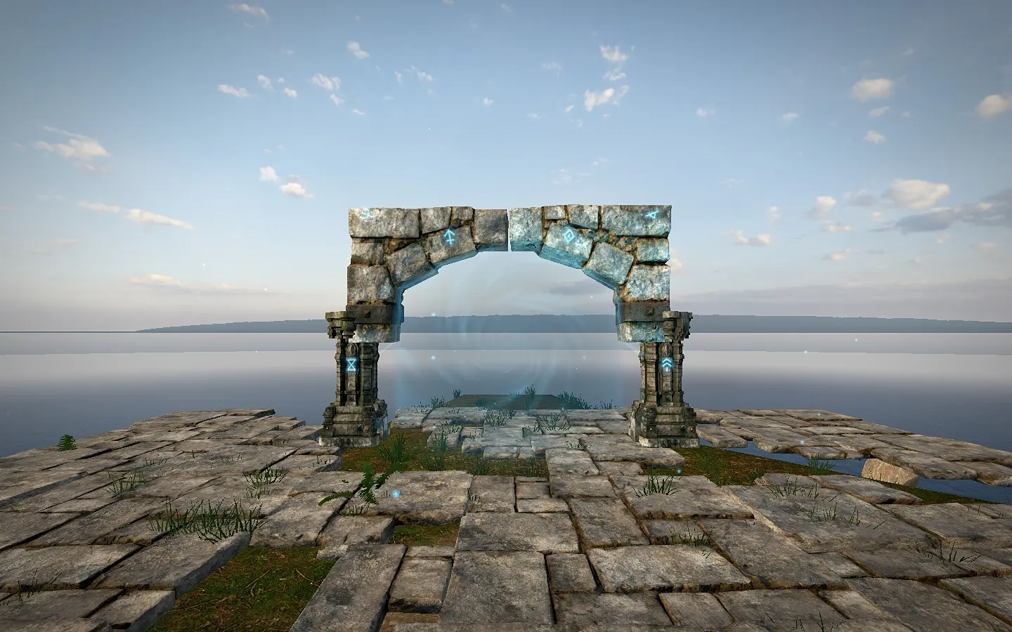 An ancient stone arch with glowing cyan runes stands on a ruined plaza above the sea.