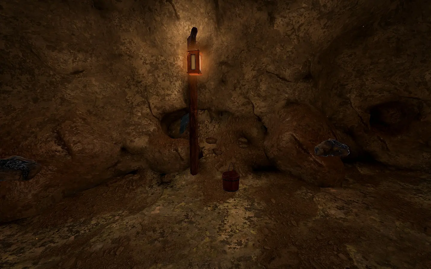 Lantern light in the mine chamber, timber supports and raw rock.