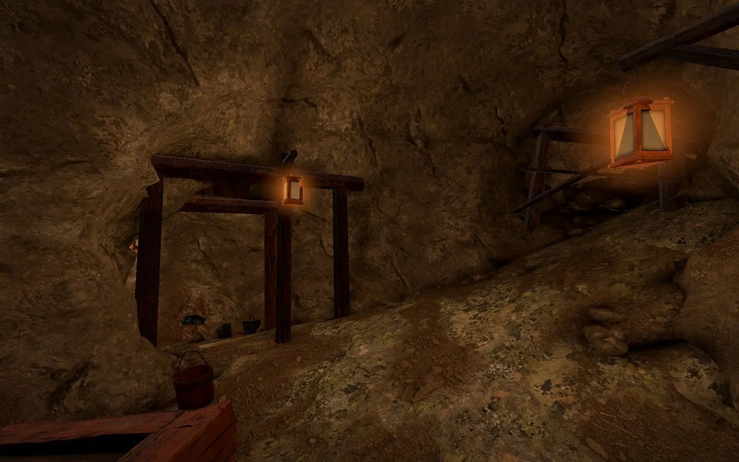The west workings of the mine, lit by hanging lanterns.