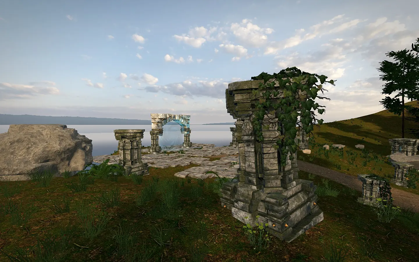 The ruins on the island's height, seen from the west.