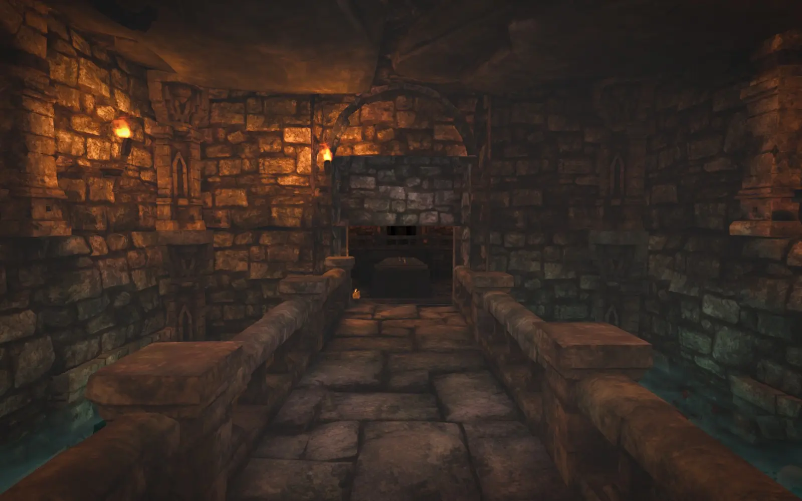 A narrow causeway over the misty pits of the ossuary.