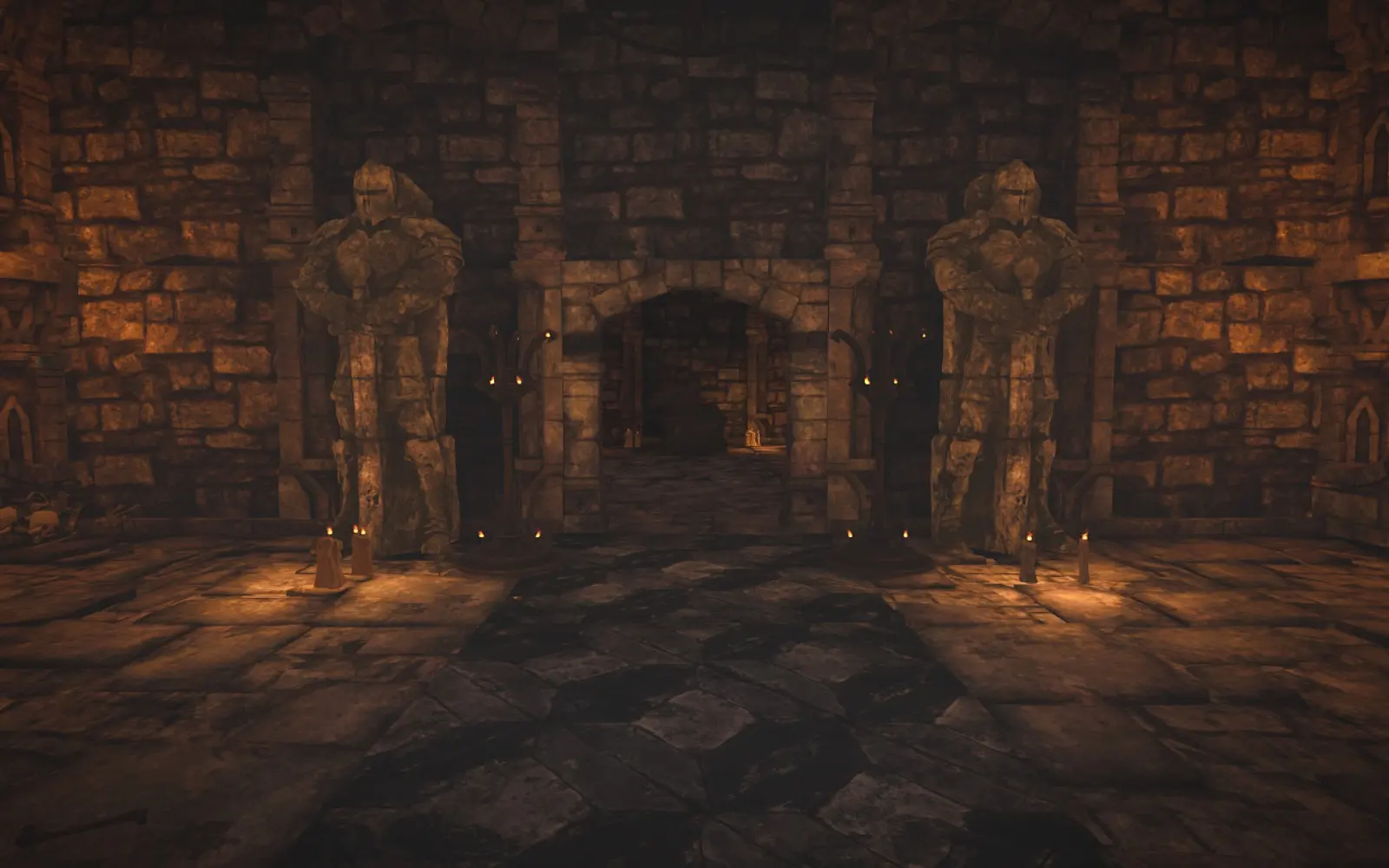 Two stone guardian statues flank a dark doorway in the candlelit tomb vestibule.