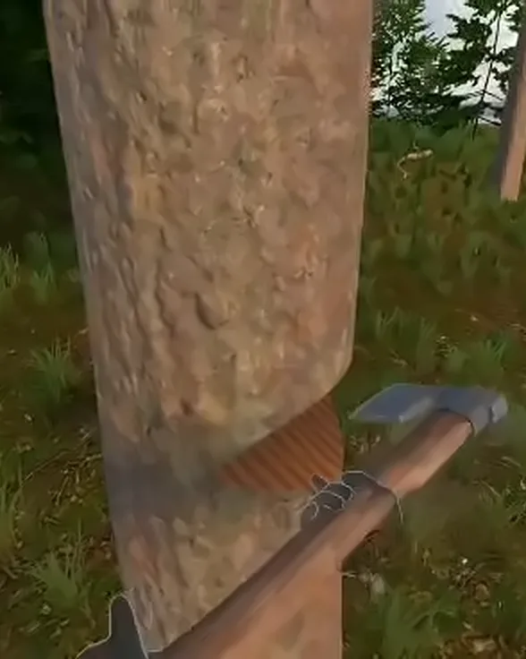 First-person view: the axe bites into a pine trunk again and again, wood chips fly and the orange notch deepens until the trunk is cut through for wood.