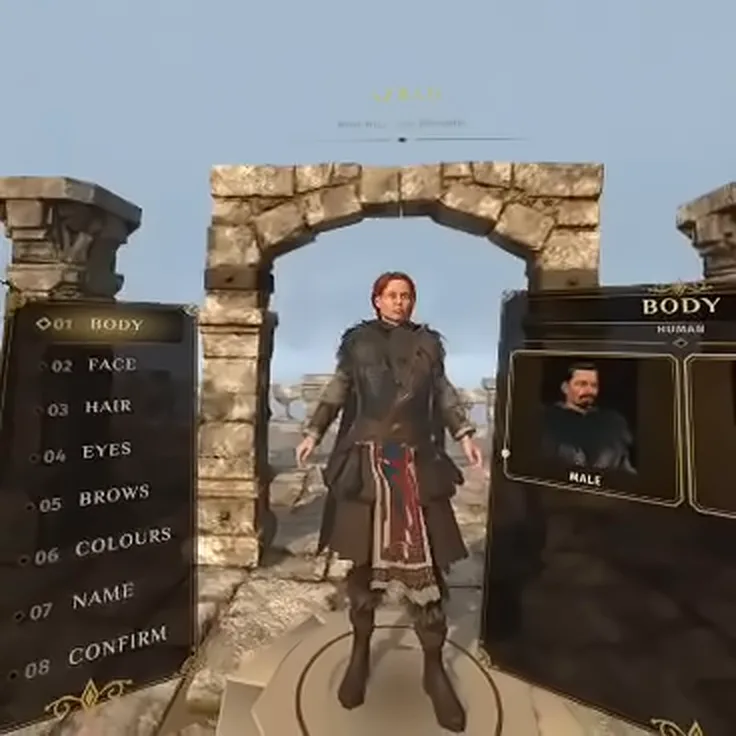 First-person view of character creation in the stone-arch sanctuary: on the floating Body panel the hero switches from male to female, then on the Hair panel the hairstyles change and the hero turns on the dais to show the new look.